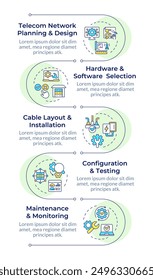 Telecom network installation infographic vertical sequence. Telecommunication system planning. Visualization infochart with 5 steps. Circles workflow