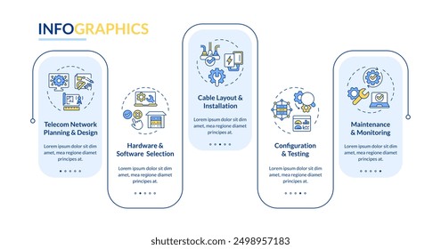 Telecom network installation rectangle infographic vector. Telecommunication system planning. Data visualization with 5 steps. Editable rectangular options chart