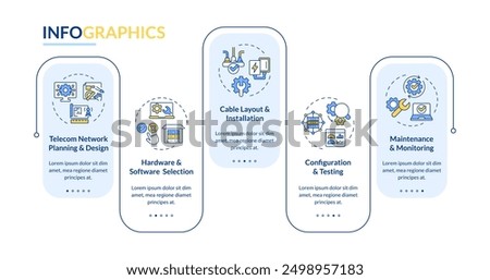 Telecom network installation rectangle infographic vector. Telecommunication system planning. Data visualization with 5 steps. Editable rectangular options chart