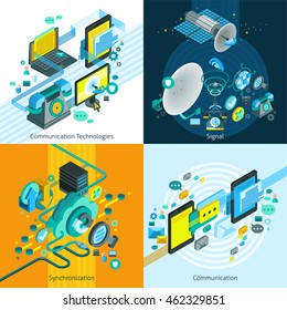 Telecom rede móvel isométrica conceito de design 2x2 com elementos de sincronização e conexão e imagens antena parabólica ilustração vetorial