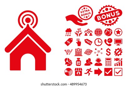 Telecom Office icon with bonus design elements. Vector illustration style is flat iconic symbols, red color, white background.