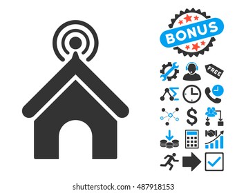 Telecom Office pictograph with bonus pictures. Vector illustration style is flat iconic bicolor symbols, blue and gray colors, white background.