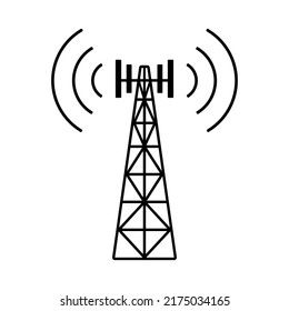 Telecom tower icon. Radio broadcast transmission, telecommunication mast, fm pictogram, 5g electromagnetic. Telephone satellite station. Black silhouette, vector graphic illustration