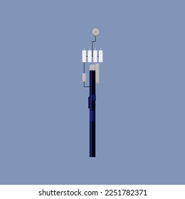 Telecom tower illustration. Wireless communication transmitter, cellular antenna, data transmission on blue background. Telecommunication, network, internet, television, radio concept