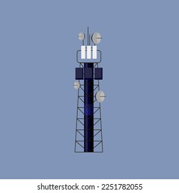 Ilustración de la torre de telecomunicaciones o del transmisor. Transmisor de comunicación inalámbrica, antena celular, transmisión de datos sobre fondo azul. Telecomunicaciones, redes, Internet, televisión, concepto de radio