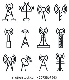 Telecom towers icons. Radio antenna cellular mast line icon telecommunication company logo, network base transmitter aerial phone signal 4g 5g satellite neat vector illustration