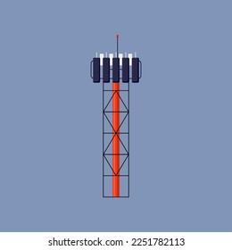 Telecom transmitter or tower illustration. Wireless communication transmitter, cellular antenna, data transmission on blue background. Telecommunication, network, internet, television, radio concept