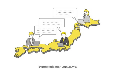 Telecommunicating image,businesspeople chatting in japan,speech bubble,white isolated,vector illustration