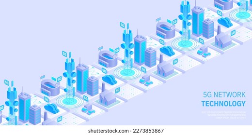 Telecommunication 5g network technology concept. Wireless mobile service. City buildings with telecommunication towers. Marketing website landing template. Isometric vector illustration.