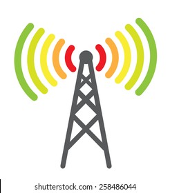 Telecommunication antenna icon with colored waves as energy efficiency concept, vector illustration