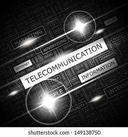 TELECOMMUNICATION. Background concept wordcloud illustration. Print concept word cloud. Graphic collage with related tags and terms. Vector illustration. 