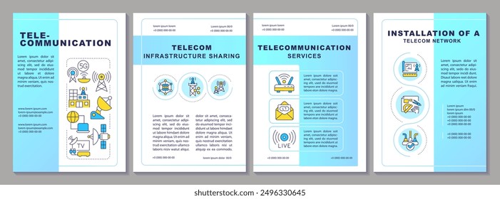 Plantilla de folleto de gradiente azul de telecomunicaciones. Diseño de folleto con iconos lineales. 4 diseños de Vector editables para presentación, informes anuales