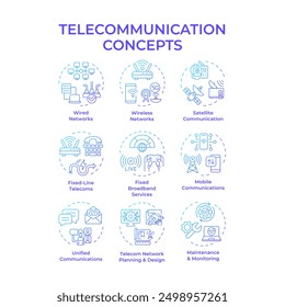 Telecommunication blue gradient concept icons. Wired and wireless networks. Telecom tower. Signal transmit. Internet access. Icon pack. Vector images. Round shape illustrations. Abstract idea