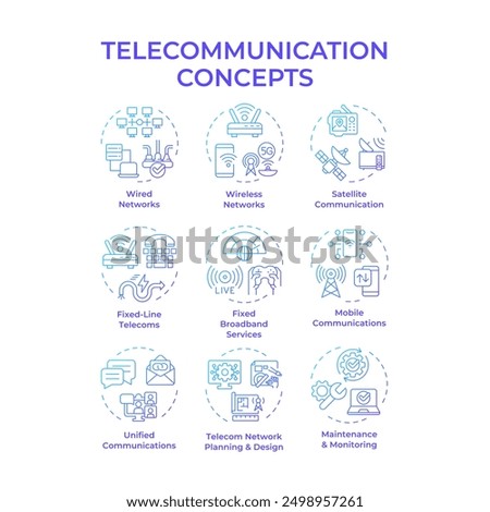 Telecommunication blue gradient concept icons. Wired and wireless networks. Telecom tower. Signal transmit. Internet access. Icon pack. Vector images. Round shape illustrations. Abstract idea