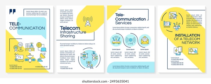 Plantilla de folletos azul y amarillo de telecomunicaciones. Diseño de folleto con iconos lineales. Editable 4 diseños de Vector para presentación, informes anuales