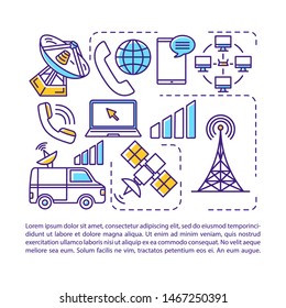 Telecommunication, broadcasting industry article page vector template. Brochure, magazine, booklet design element with linear icons and text boxes. Print design. Concept illustrations with text space 