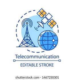 Telecommunication concept icon. Overall wireless network. Satellite connection. Global communication system idea thin line illustration. Vector isolated outline drawing. Editable stroke