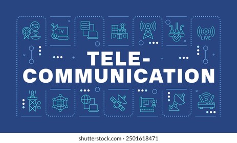 Telecommunication dark blue word concept. Signal transmission. Radio and internet. Horizontal vector image. Headline text surrounded by editable outline icons