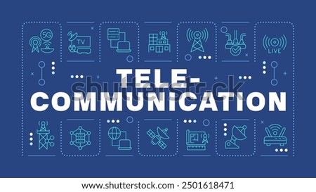 Telecommunication dark blue word concept. Signal transmission. Radio and internet. Horizontal vector image. Headline text surrounded by editable outline icons