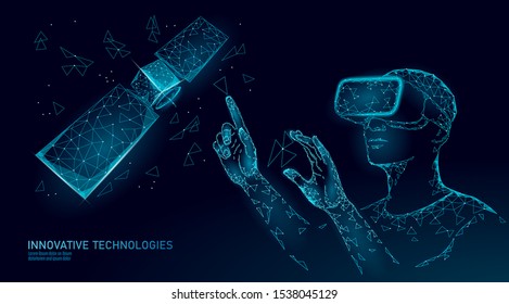 Telecommunication defense satellite 3D in space. Orbital sputnik receiver military security virtual reality engineering. Worldwide protection tracking VR glasses vector illustration