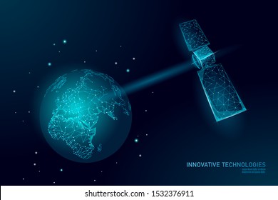 Telecommunication defense satellite in space. Orbital sputnik receiver military security data transmitter internet connection. Worldwide protection tracking information background vector illustration