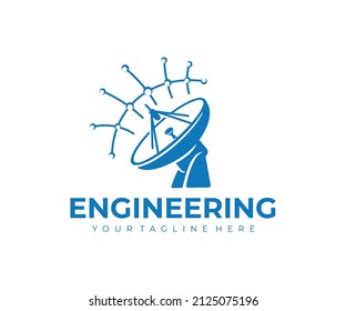 Telecommunication engineering, satellite dish and radio waves, logo design. Satellite dish, satellite communication system and connect, vector design and illustration