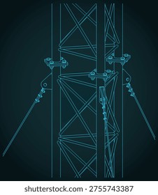 Telecommunication guyed mast isometric blueprint close-up stylized vector illustration
