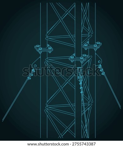 Telecommunication guyed mast isometric blueprint close-up stylized vector illustration