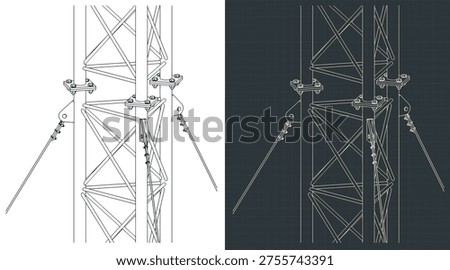 Telecommunication guyed mast isometric drawings close-up stylized vector illustrations