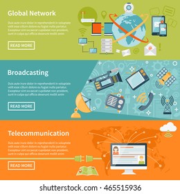 Telecommunication Horizontal Banners With Information About Global Network Elements Broadcasting Equipment And Cloud Worldwide Technology Flat Vector Illustration