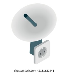 Telekommunikationssymbol isometrischer Vektorgrafik. Satellitenantenne und elektrische Steckdose. Weiße Steckdose, große Parabolantenne, moderne Telekommunikationstechnologie