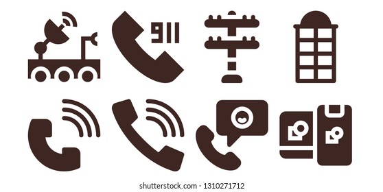 Telecommunication Icon Set. 8 Filled Telecommunication Icons.  Simple Modern Icons About  - Phone Call, Satellite Dish, Call, Transmission Tower, Computing, Phone Booth