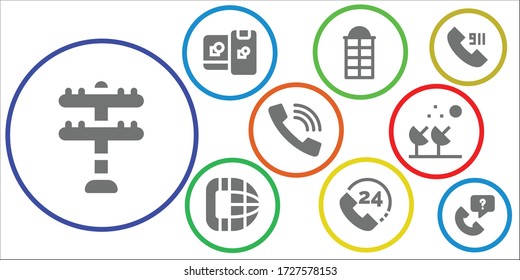conjunto de iconos de telecomunicaciones. 9 iconos de telecomunicaciones rellenados. Torre de transmisión incluida, computación, cabina de teléfono, llamada telefónica, llamada, iconos de antenas parabólicas