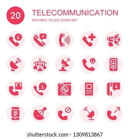 telecommunication icon set. Collection of 20 filled telecommunication icons included Phone call, Call, Parabolic, Satellite dish, Mobile, Calling