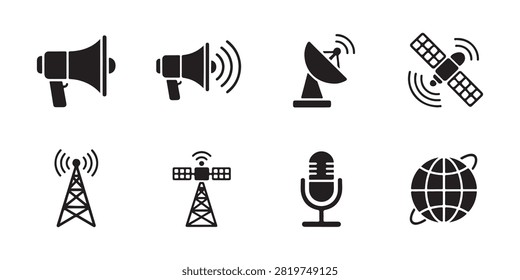 Telecommunication icon set featuring radio towers world maps microphones and loudspeaker broadcasting gear.
