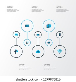 Telecommunication icons colored set with article on tablet, female card, telephone and other wireless network elements. Isolated vector illustration telecommunication icons.