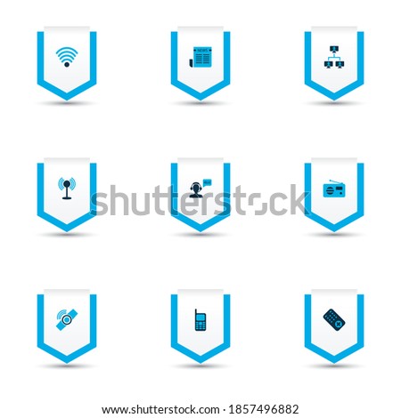 Telecommunication icons colored set with greeting male operator, mobile phone, linked computers and other helpline elements. Isolated vector illustration telecommunication icons.