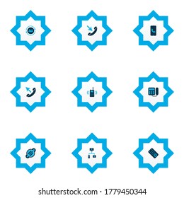 Telecommunication icons colored set with incoming call, 9 pin connector, communication console and other web devices elements. Isolated vector illustration telecommunication icons.