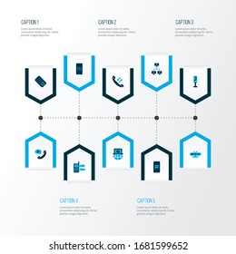 Telecommunication icons colored set with mobile data exchange, audio adjustment, linked computers and other telecom elements. Isolated vector illustration telecommunication icons.
