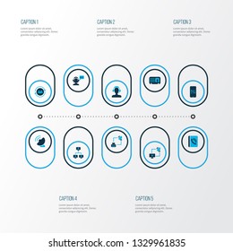 Telecommunication icons colored set with satellite with computer, phone book, male card and other hotline elements. Isolated vector illustration telecommunication icons.
