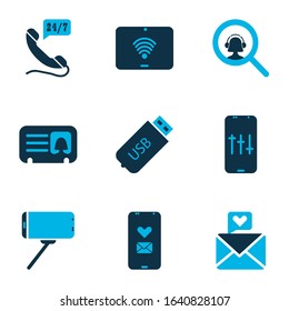 Telecommunication icons colored set with search operator, 24/7 access, usb and other heart letter elements. Isolated vector illustration telecommunication icons.