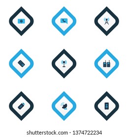 Telecommunication icons colored set with usb, portable radios, communication console and other antenna elements. Isolated vector illustration telecommunication icons.