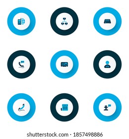 Farbige Fernmeldesymbole mit Benutzerbeziehung, 24/7 Zugang, Telefon und anderen Elementen der mobilen Kommunikation. Einzelne Vektorgrafik-Telekommunikationssymbole.