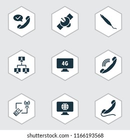 Telecommunication icons set with 4g computer, tower with phone, connector plug and other sputnik elements. Isolated vector illustration telecommunication icons.