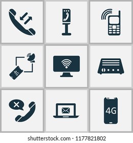 Telecommunication icons set with cancel call, 4g smartphone, radio and other fm elements. Isolated vector illustration telecommunication icons.
