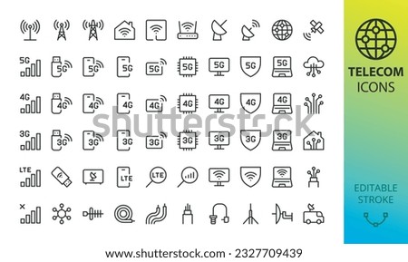 Telecommunication icons set. Set of communication tower, satellite dish, antenna, 3G, 4G, 5G network, wifi access point, pigtail, LTE usb modem, mast, signal, sim card, internet router, optical fiber