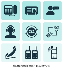 Telecommunication icons set with message from user, portable radios, female card and other old telephone elements. Isolated vector illustration telecommunication icons.