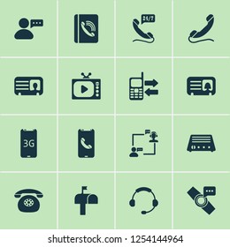 Telecommunication icons set with mobile data exchange, headphone, male card and other cellphone elements. Isolated vector illustration telecommunication icons.