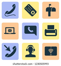 Telecommunication icons set with printer, messaging, mobile notification and other controller elements. Isolated vector illustration telecommunication icons.