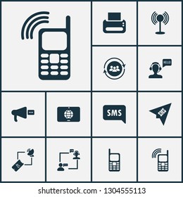 Telecommunication icons set with send sms, printer, operator with customer and other mailbox elements. Isolated vector illustration telecommunication icons.